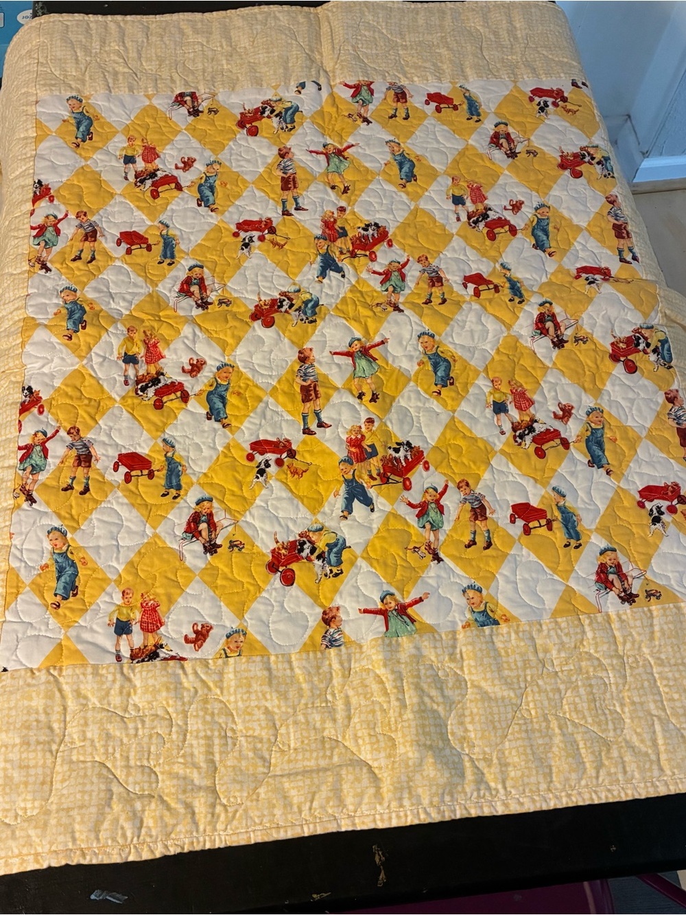 Vintage-Style Patchwork Dick & Jane Child’s Quilt - Picture 2 of 7